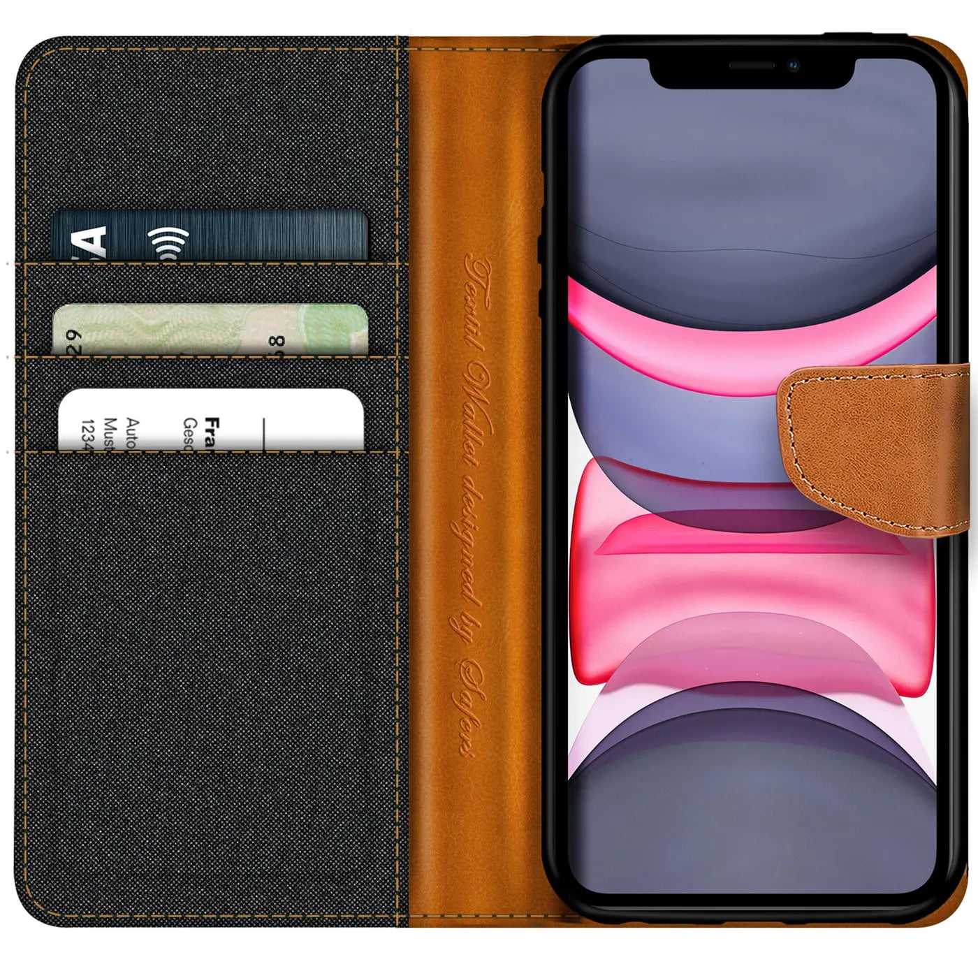 iPhone 11 Textil Klapphülle, braun/grau, Leder/Textil, von vorne, mit Kartenfächern