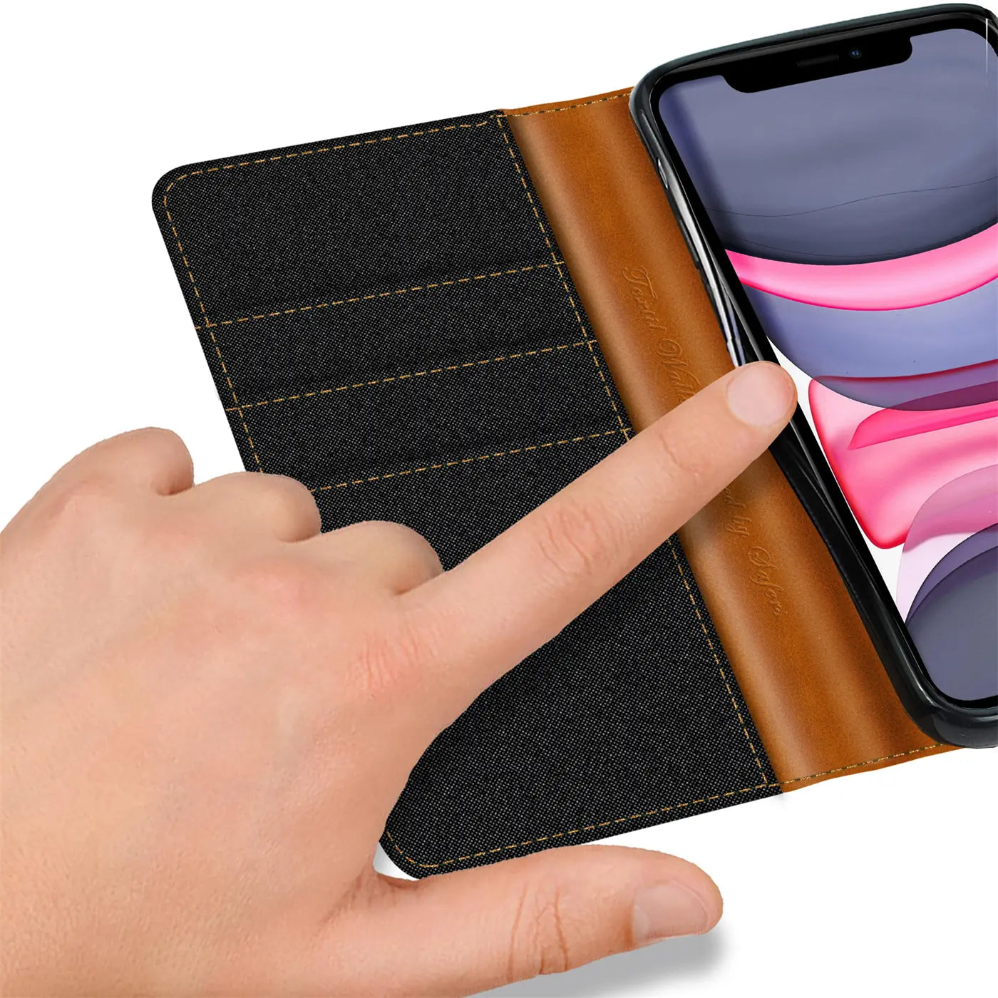 iPhone 11 Klapphülle, Textil/Leder, Schwarz/Braun, von vorn, mit Kartenfächern