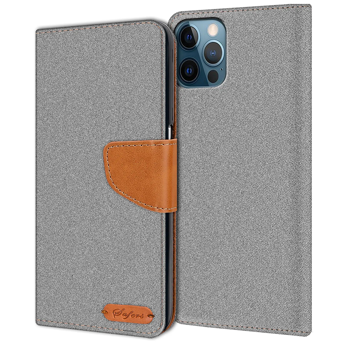 Graue Textil-Klapphülle mit braunem Lederakzent, zeigt iPhone 12 Pro von vorne.