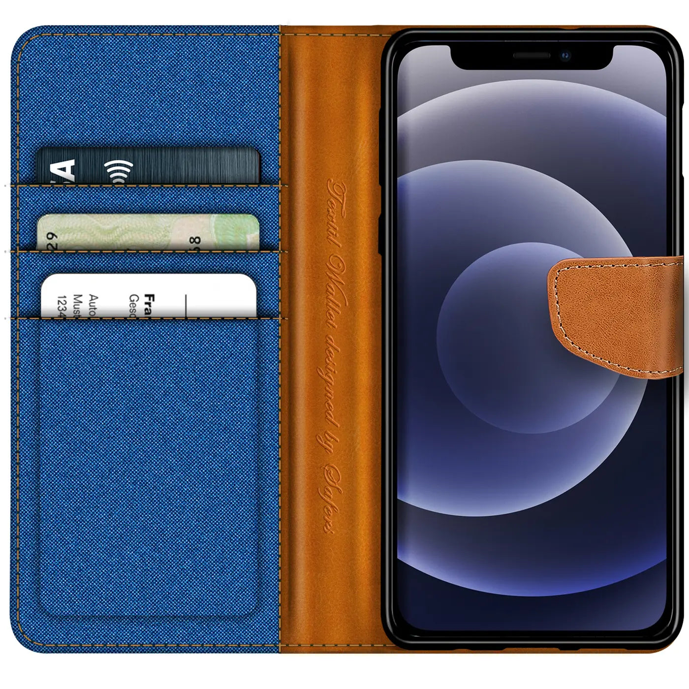 Blaue Textil-Klapphülle mit braunen Lederdetails, offen, zeigt iPhone 12 Mini, Kartenfächer.