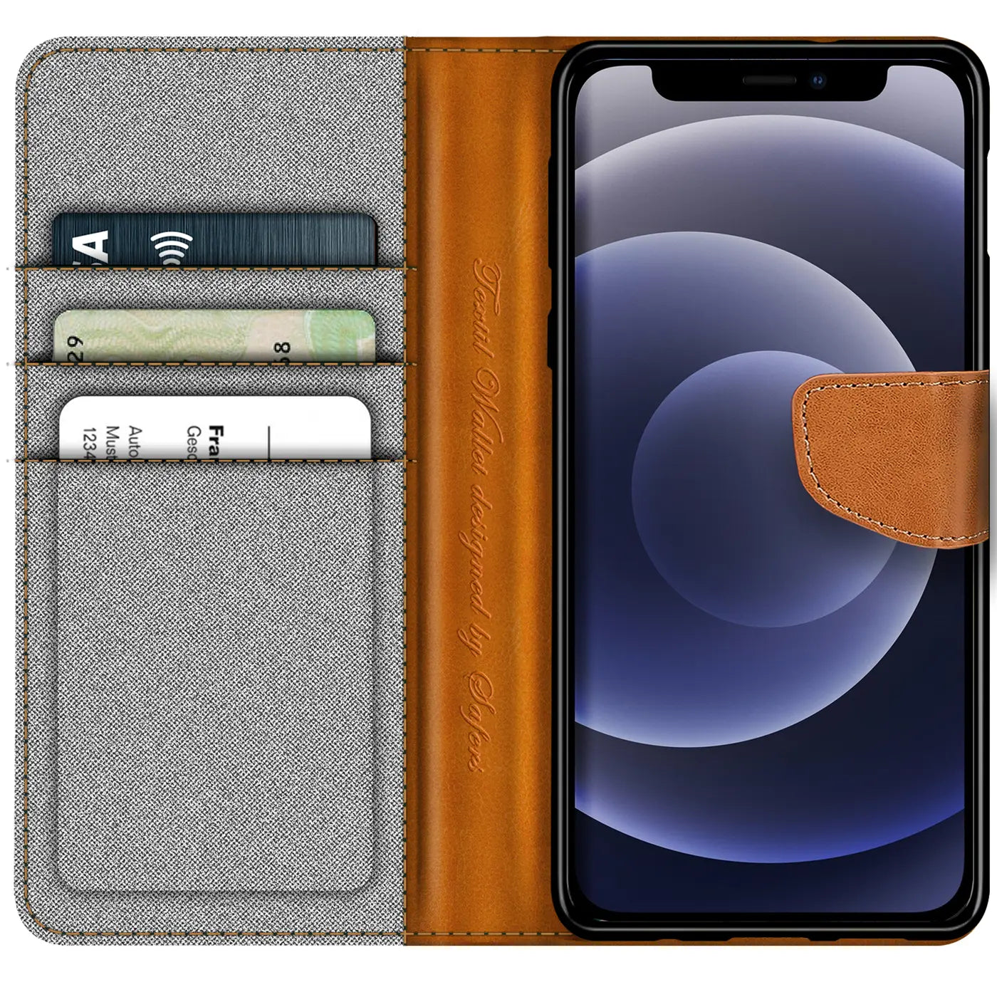 Textil-Klapphülle mit Kartenfach, braunes Leder, iPhone 12 Mini, von vorn