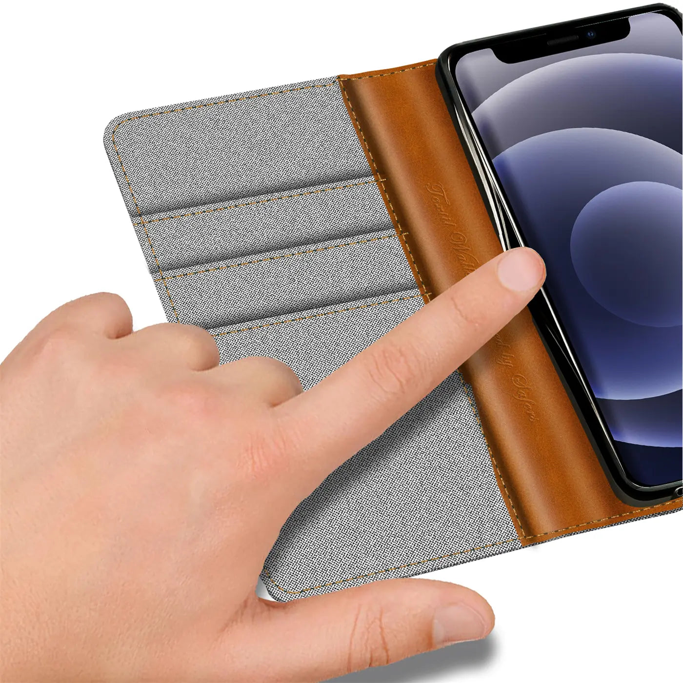 Graue Textil-Klapphülle mit braunen Lederdetails, iPhone 12 Mini, Nahaufnahme