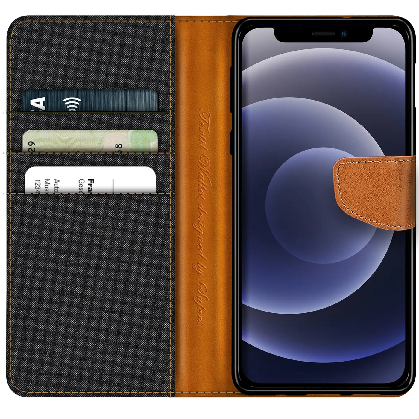 Textil-Klapphülle für iPhone 12 Mini, schwarz/braun, Kartenfach, von vorne