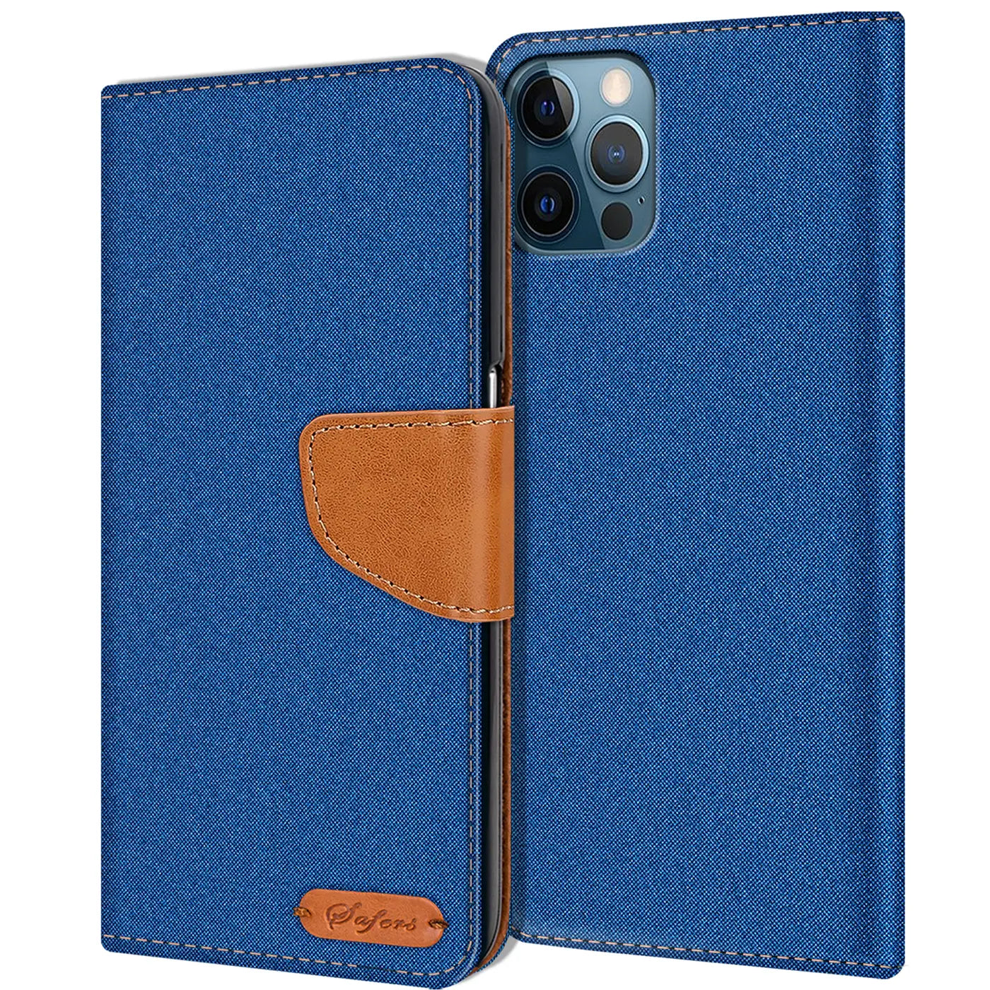 Blaue Textil-Klapphülle mit braunem Lederakzent für iPhone 12 Pro Max, von vorne
