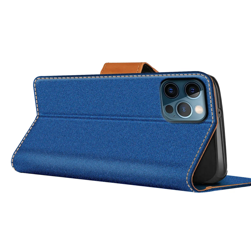 iPhone 12 Pro Max Klapphülle im Jeanslook mit Karten- und Geldfach