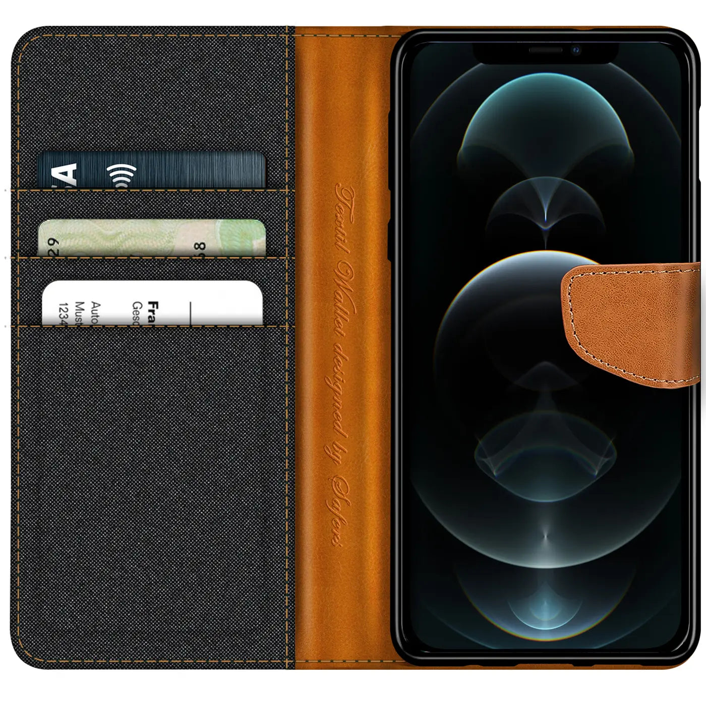 iPhone 12 Pro Max Klapphülle, Textil/Leder, Kartenfach, von vorn