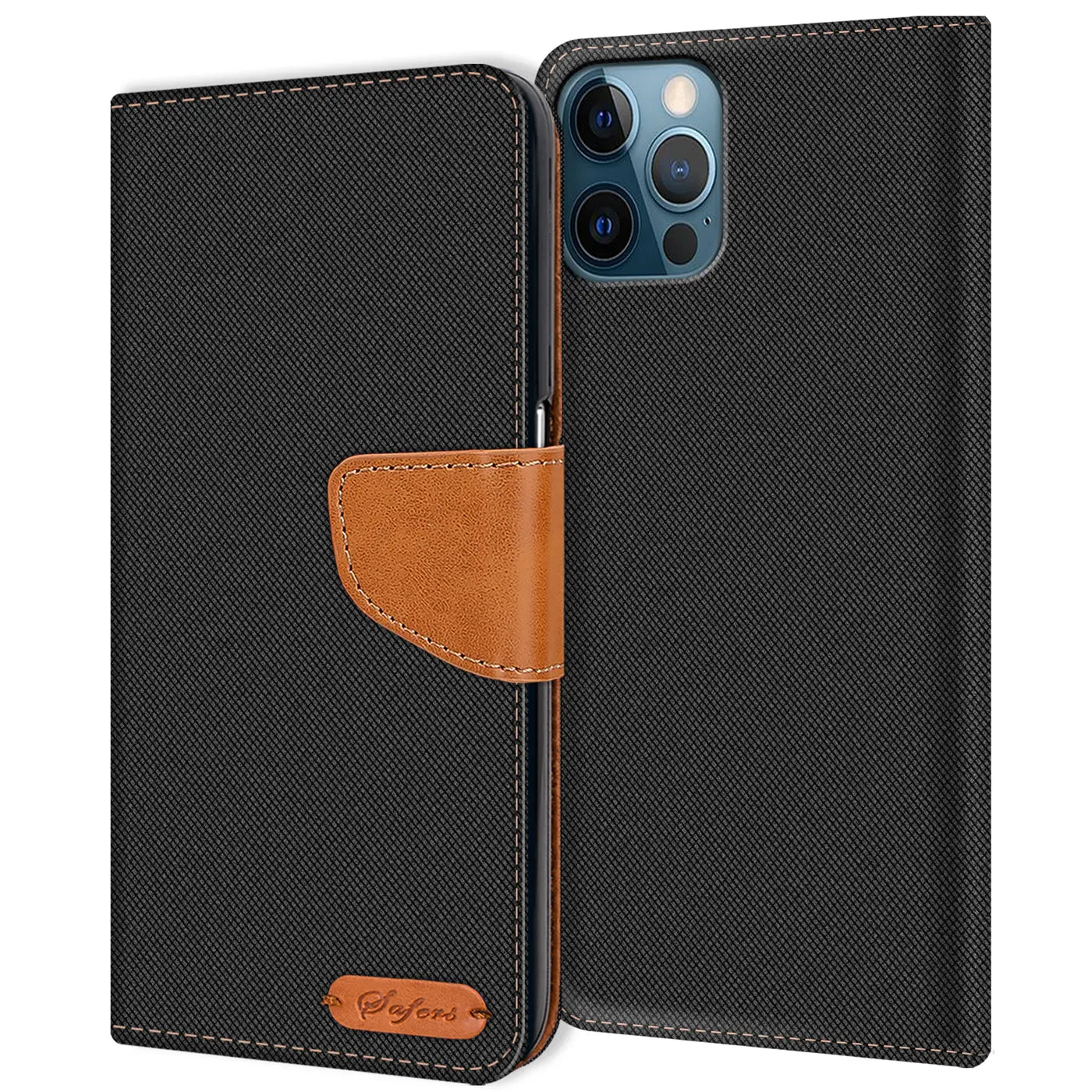 Schwarze Textil-Klapphülle mit braunem Lederakzent, zeigt iPhone 12 Pro Rückseite.