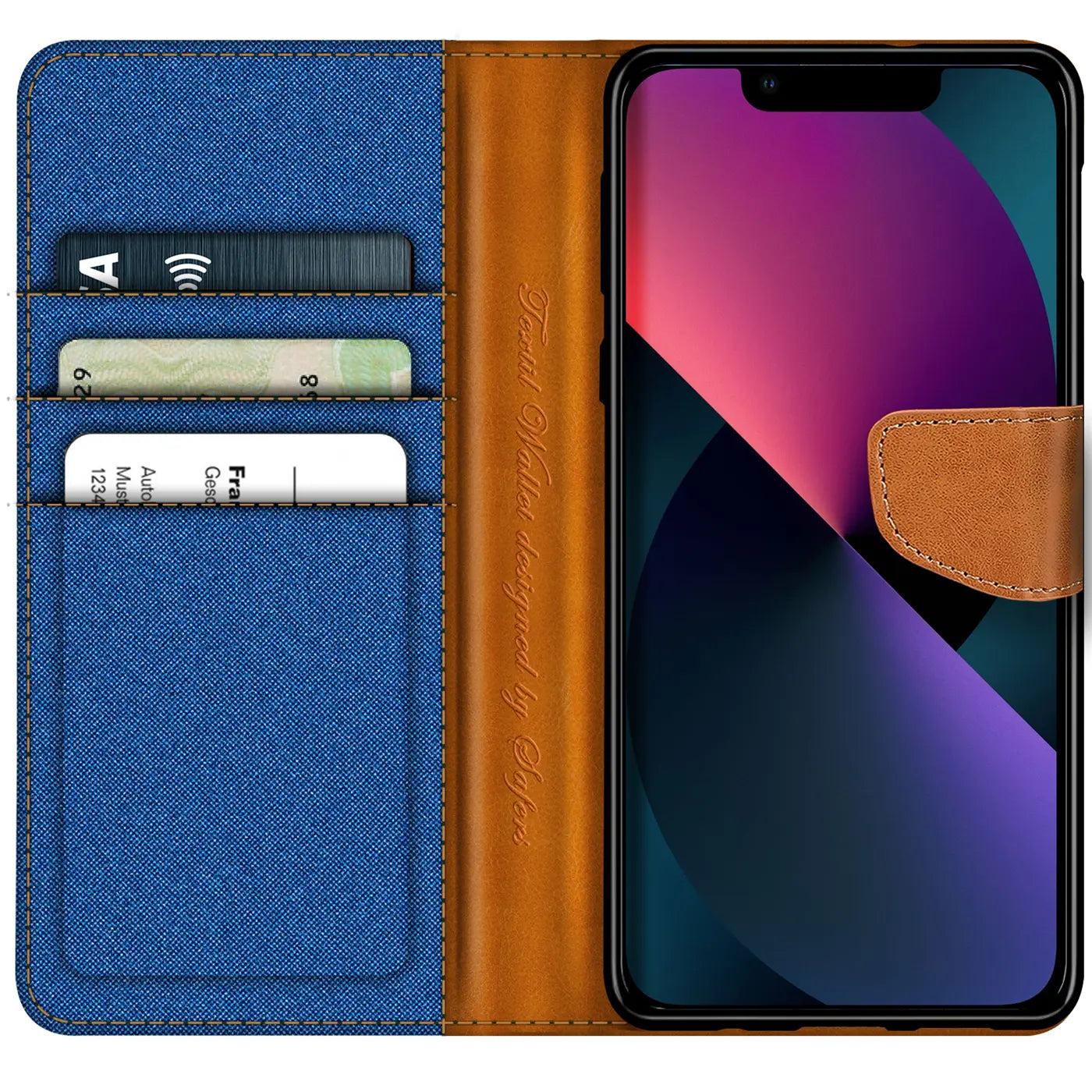 iPhone 13 Mini Klapphülle, blaues Textil, braunes Leder, Kartenfächer, von vorne
