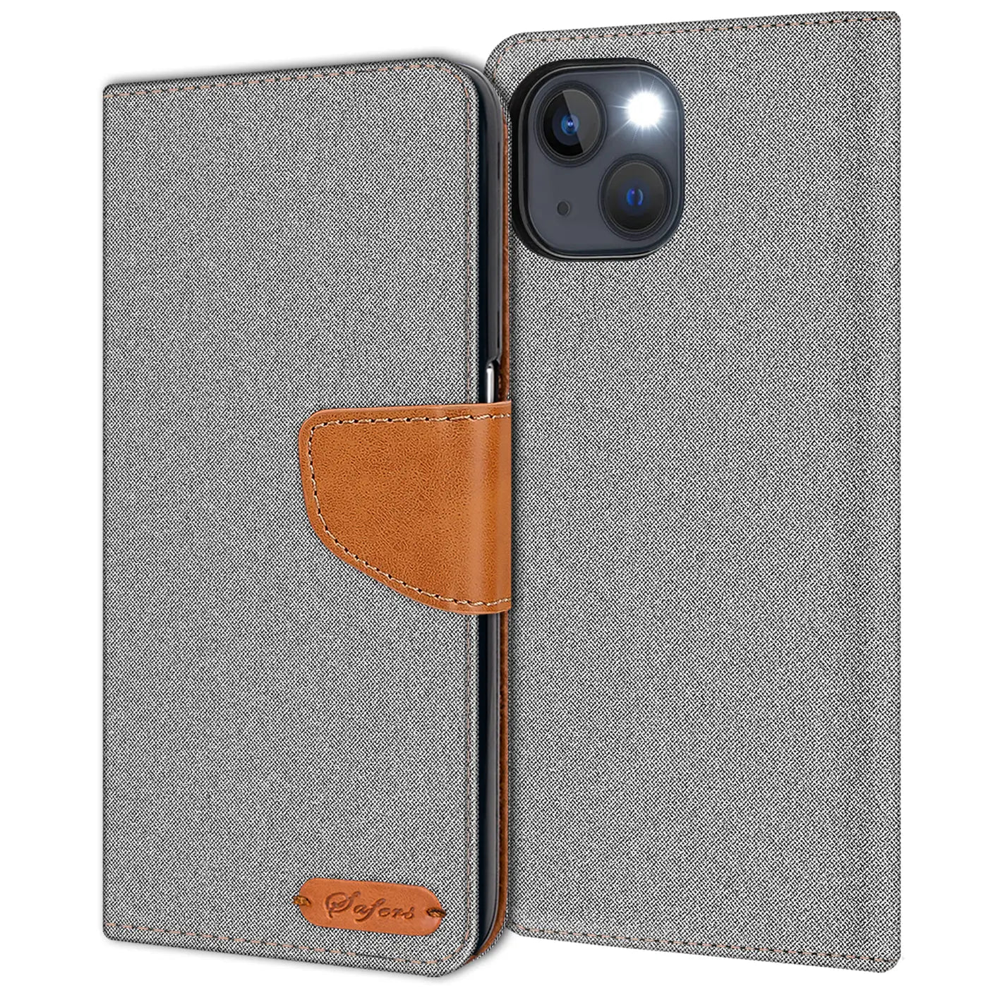 Graue Textil-Klapphülle mit braunem Lederdetail für iPhone 13 Mini, von vorne.