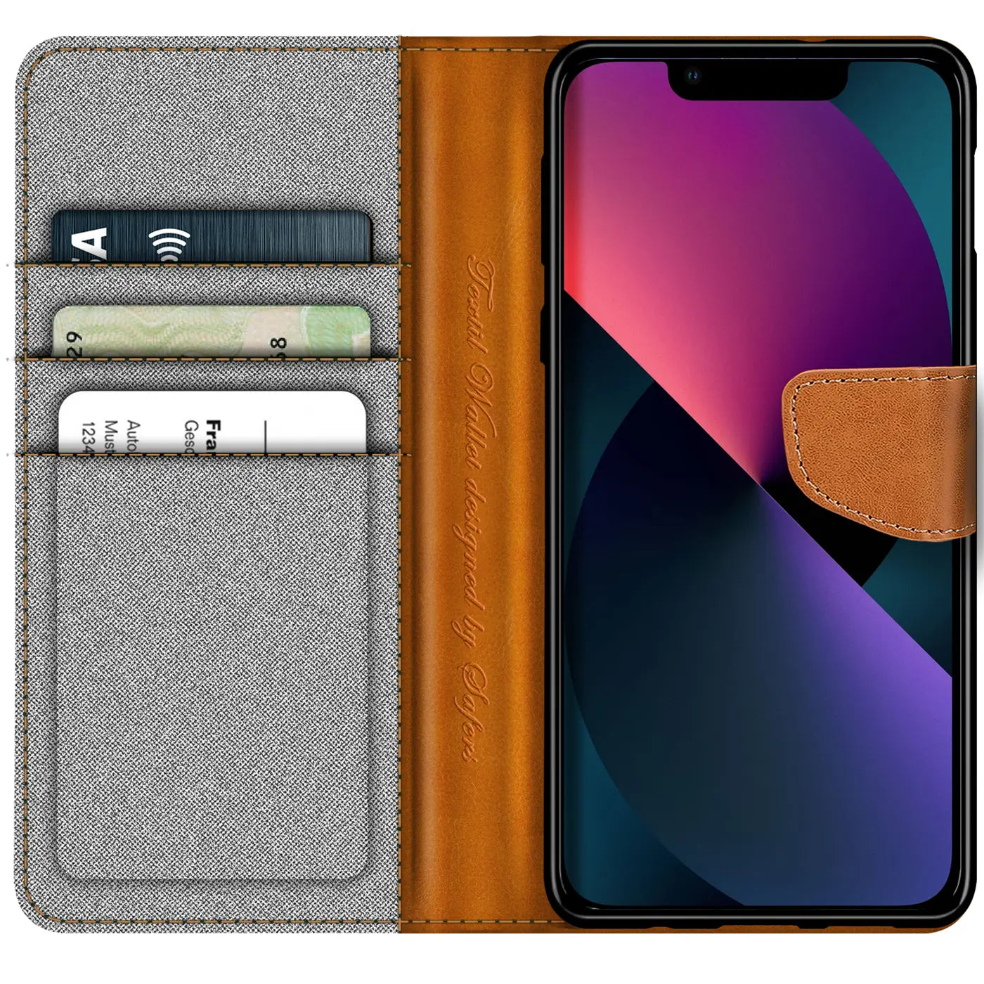 Graue Textil-Klapphülle mit braunen Lederdetails, Kartenfächer, iPhone 13 Mini.