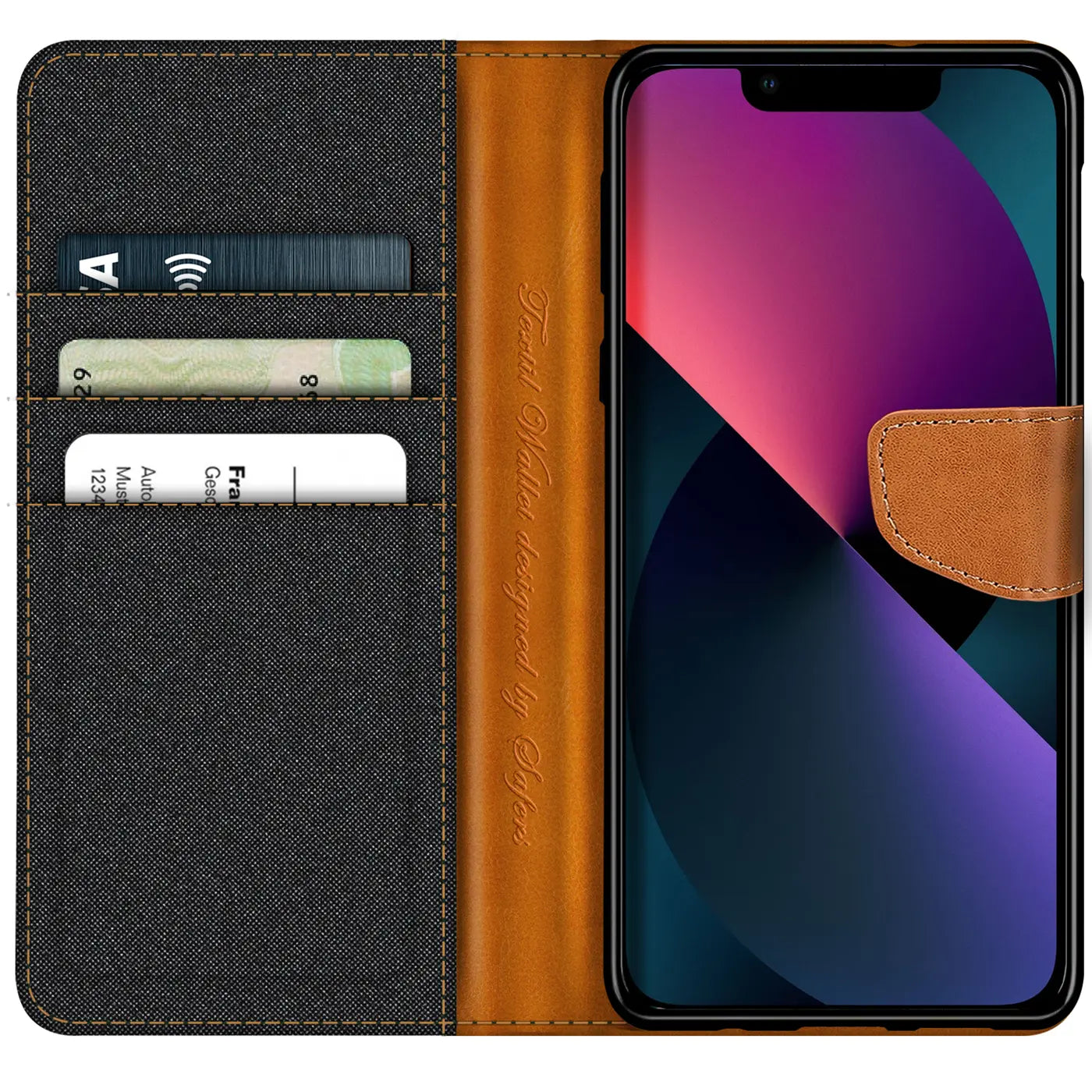 Textil-Klapphülle mit Kartenfach, braun/grau, iPhone 13 Mini, von vorne