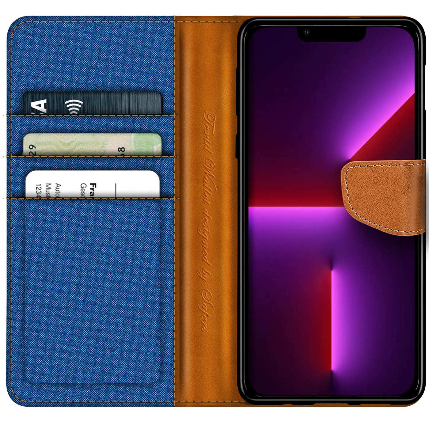 iPhone 13 Pro Klapphülle, blaues Textil, braunes Leder, Kartenfach, von vorn