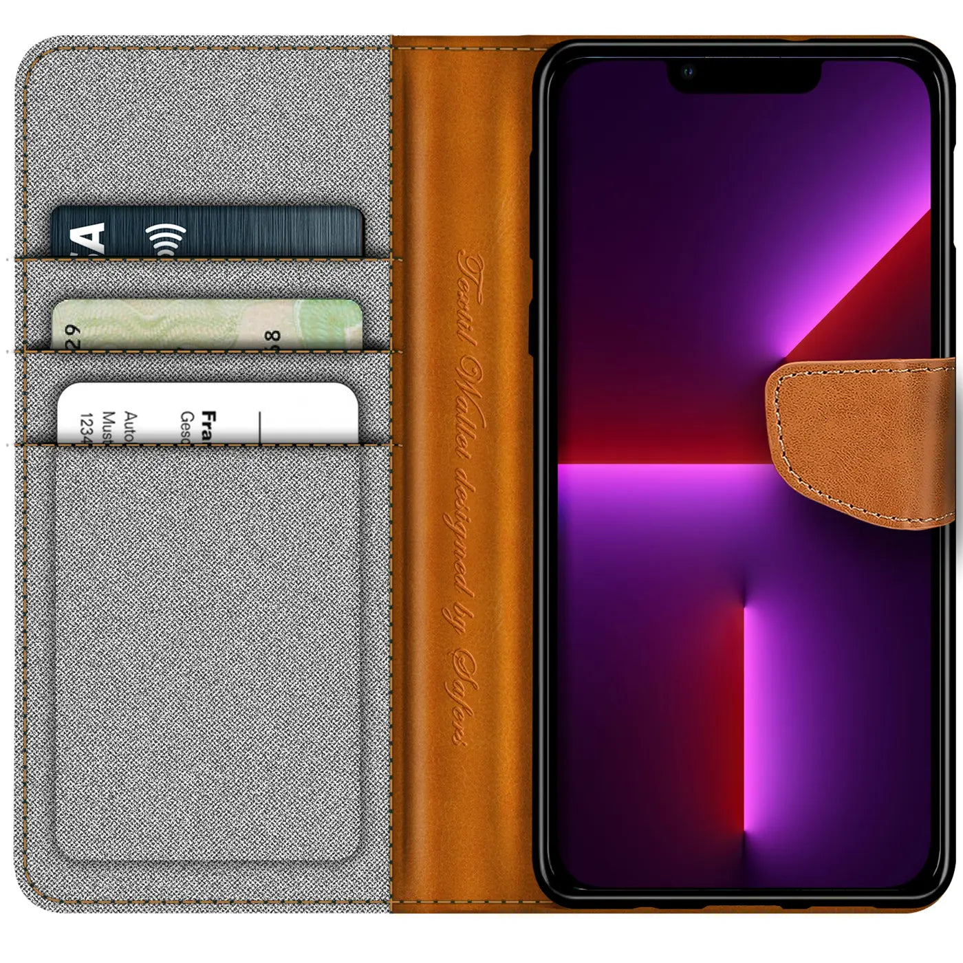 Graue Textil-Klapphülle mit braunen Lederdetails, iPhone 13 Pro mit Kartenfach, von vorne