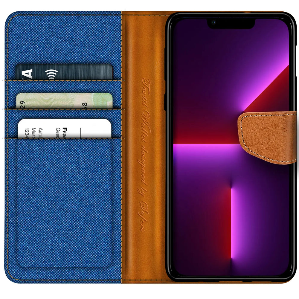 Blaue Textil-Klapphülle mit braunen Lederdetails, Kartenfächern, iPhone 13 Pro Max.