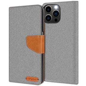 iPhone 13 Pro Max Klapphülle im Jeanslook mit Karten- und Geldfach