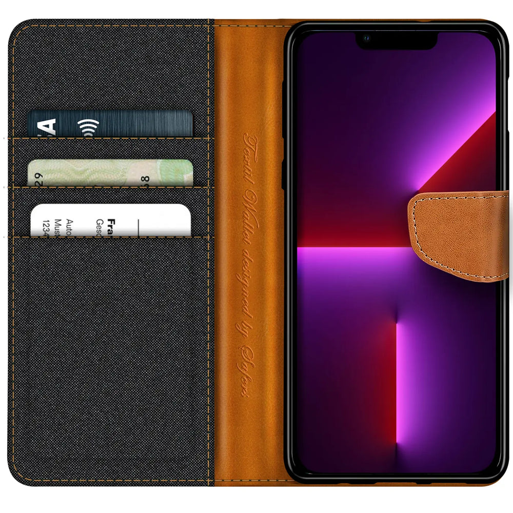 iPhone 13 Pro Klapphülle im Jeanslook mit Karten- und Geldfach