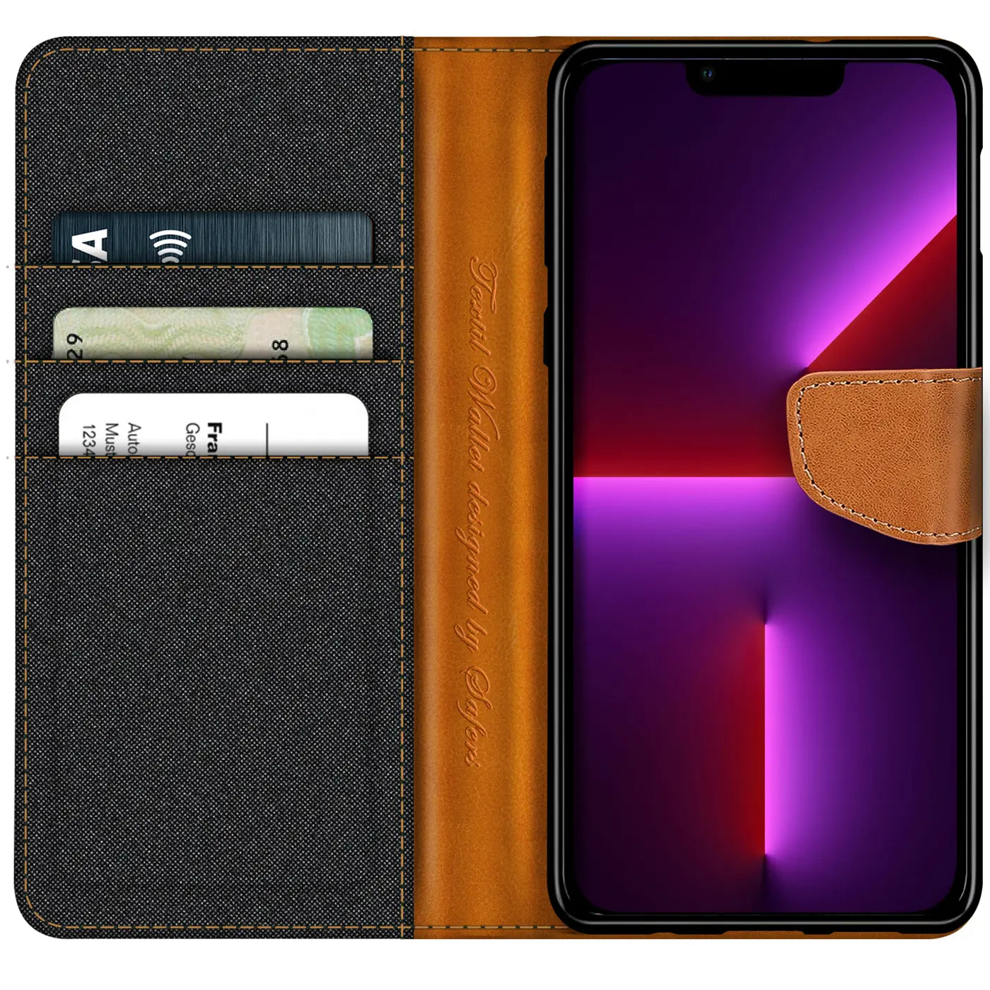 Textil-Klapphülle mit Kartenfach, braun/grau, für iPhone 13 Pro.
