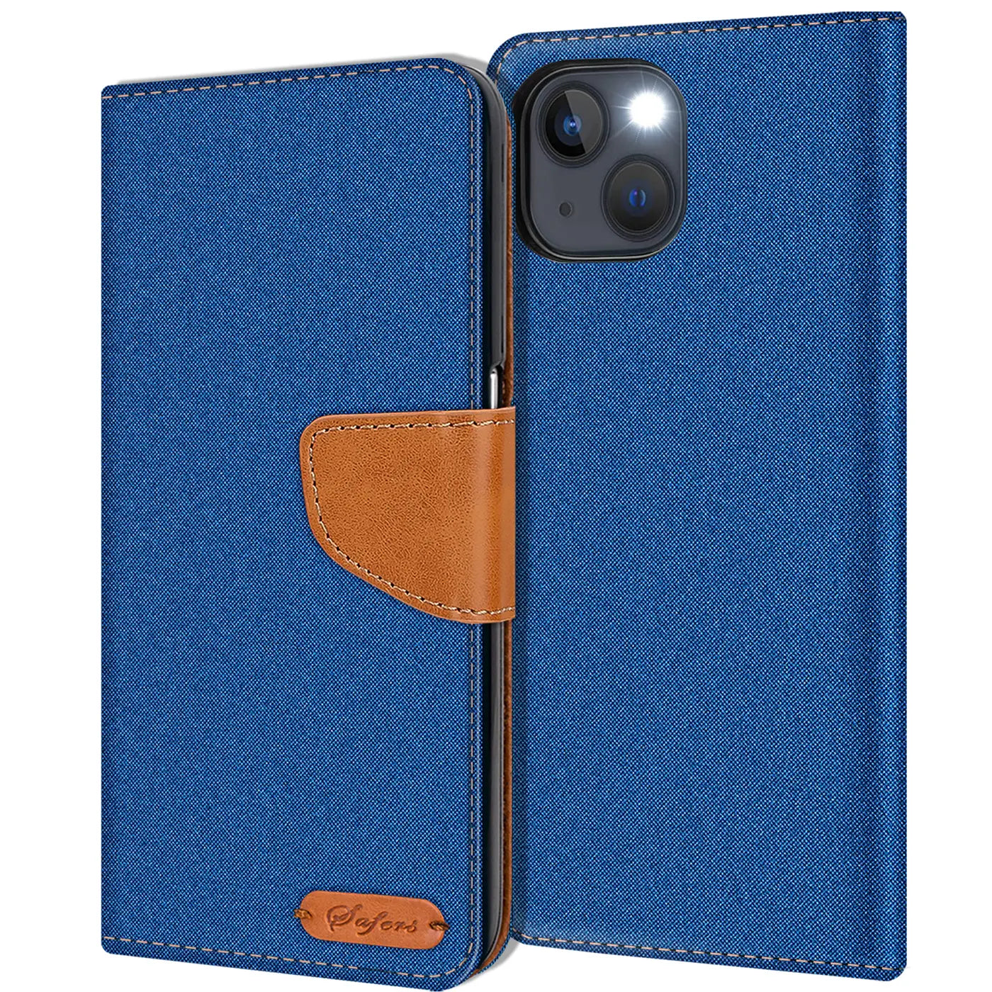 Blaue Textil-Klapphülle mit braunem Lederakzent, iPhone 15, Vorderansicht