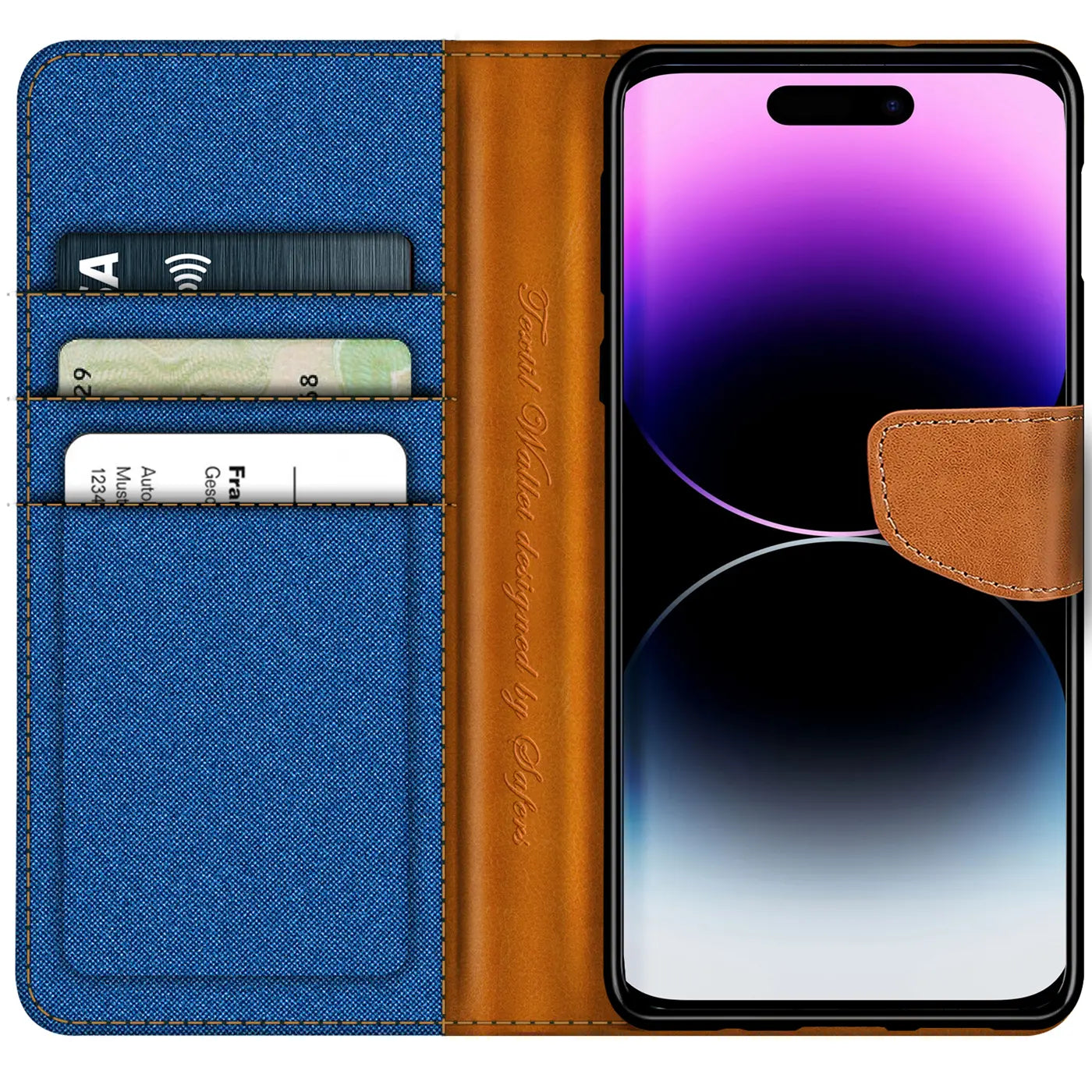 Blaue Textil-Klapphülle mit braunen Lederdetails und Kartenfächern, zeigt iPhone 15.