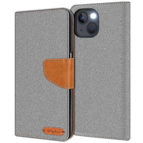 iPhone 15 Plus Klapphülle im Jeanslook mit Karten- und Geldfach