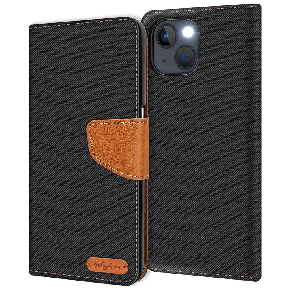 Schwarze Textil-Klapphülle mit braunem Lederakzent, iPhone 15 Plus, Kartenfach.