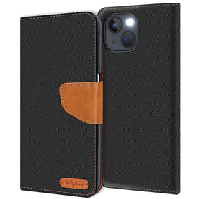 iPhone 15 Plus Klapphülle im Jeanslook mit Karten- und Geldfach