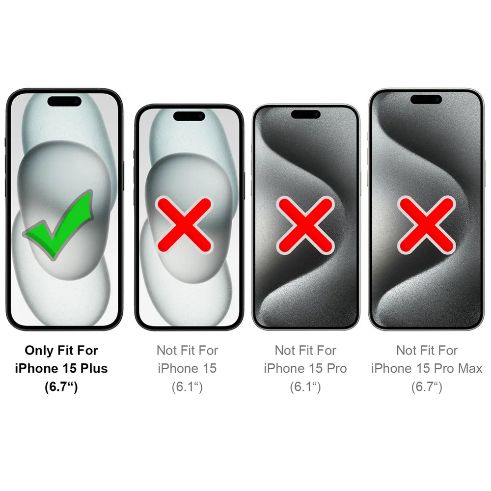 Vier iPhones: iPhone 15 Plus passt, andere nicht. Grün/Rot-Häkchen/Kreuz.