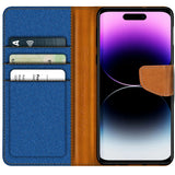iPhone 15 Pro Klapphülle im Jeanslook mit Karten- und Geldfach