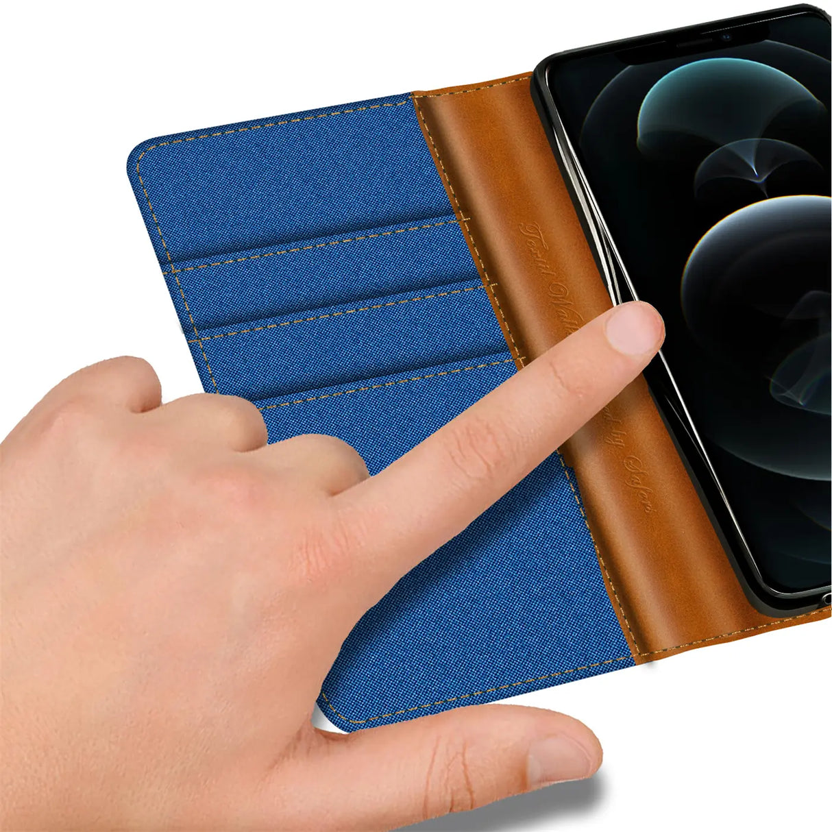 iPhone 15 Pro Klapphülle im Jeanslook mit Karten- und Geldfach