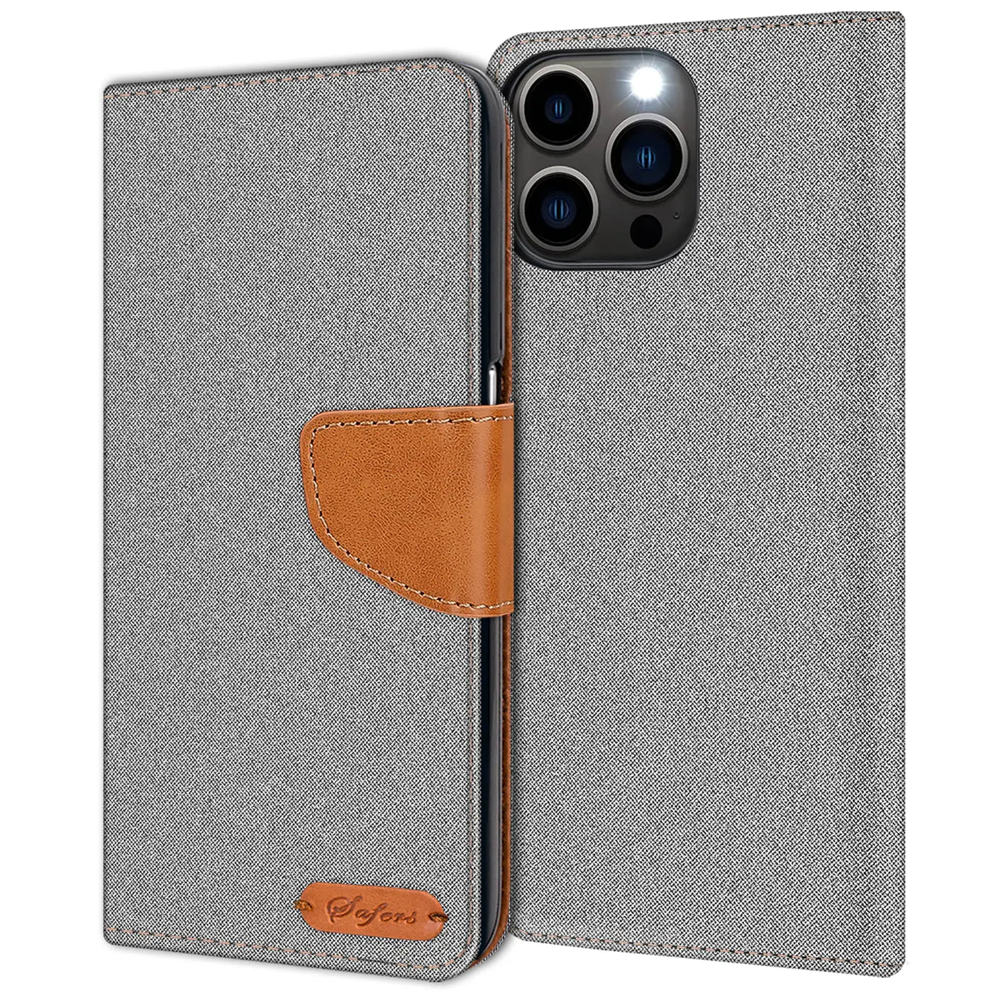 Graue Textil-Klapphülle mit braunem Lederakzent für iPhone 15 Pro, von vorne.