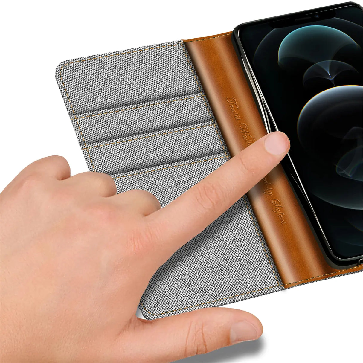 iPhone 15 Pro Klapphülle im Jeanslook mit Karten- und Geldfach