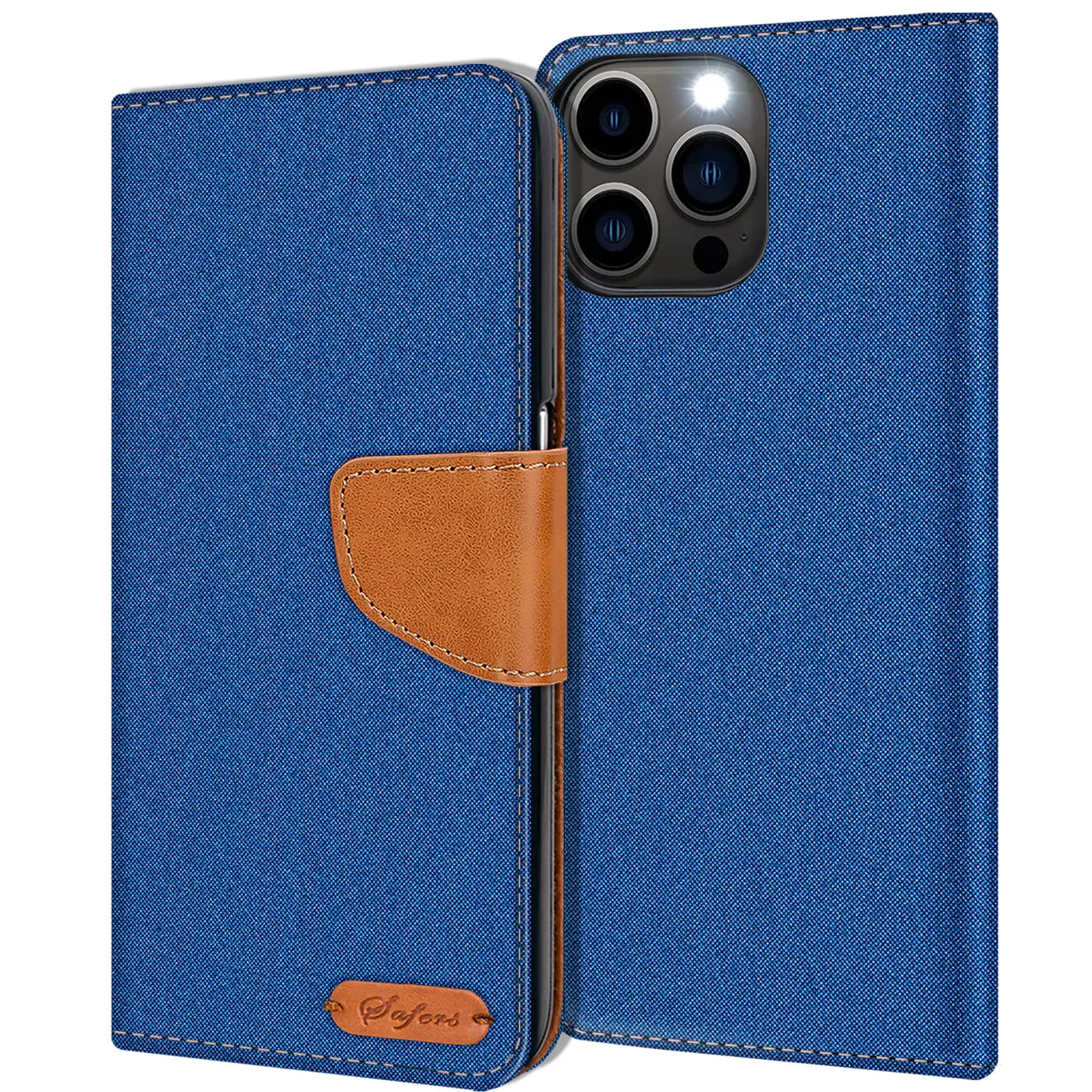 Blaue Textil-Klapphülle mit braunem Lederakzent für iPhone 15 Pro Max, von vorne