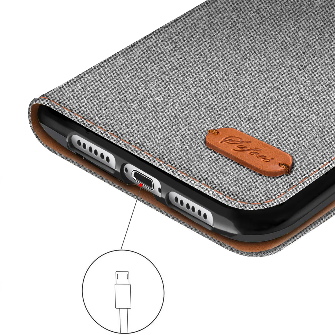 Graue Textil-Klapphülle mit braunem Lederdetail, Nahaufnahme des Ladeanschlusses eines iPhone 15 Pro Max.