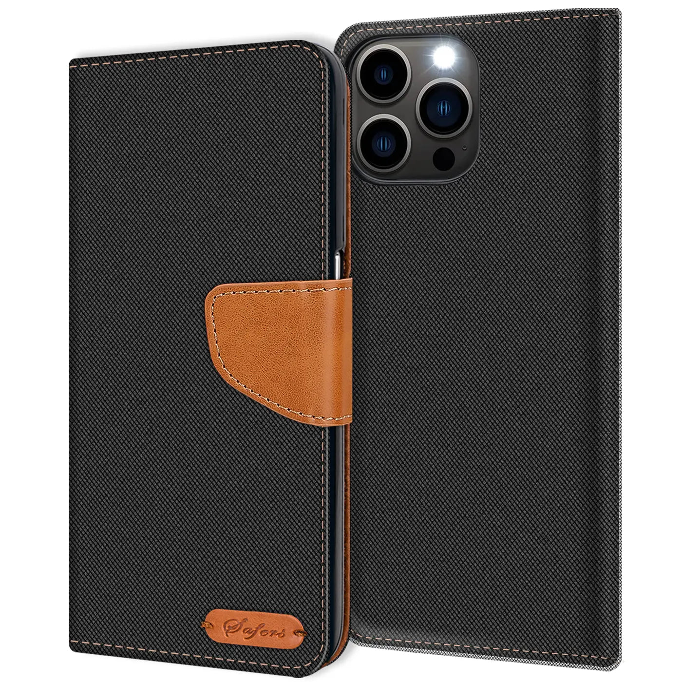 Schwarze Textil-Klapphülle mit braunem Lederriemen, zeigt iPhone 15 Pro Rückseite.