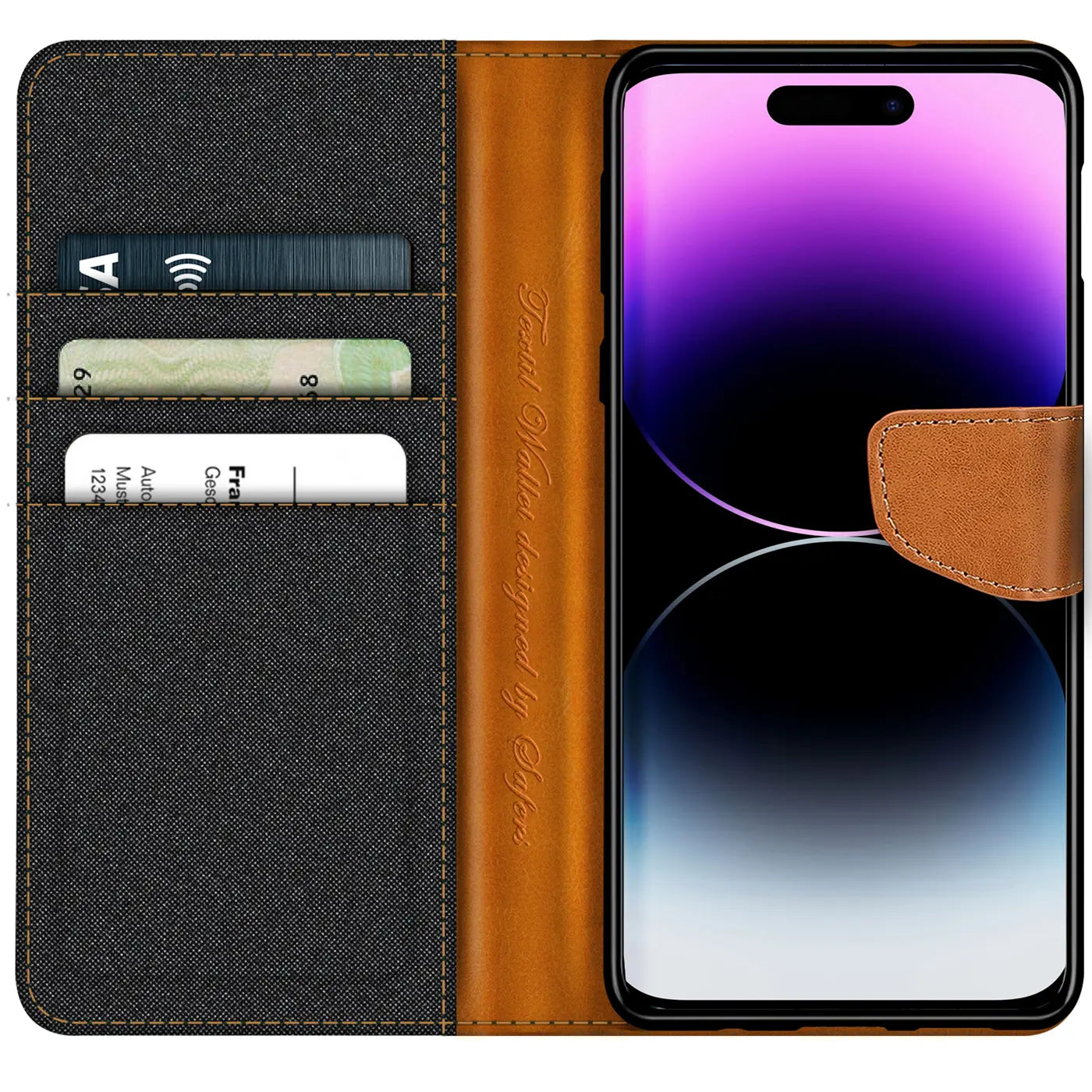 iPhone 15 Pro Klapphülle aus Textil/Leder, schwarz/braun, Vorderansicht mit Kartenfach