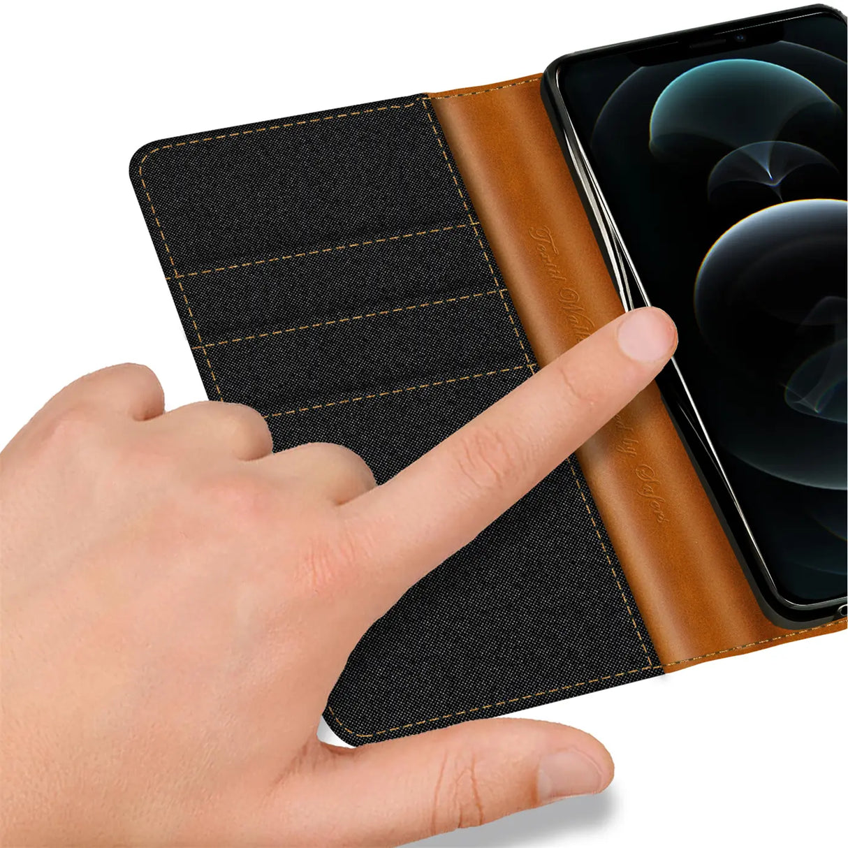 iPhone 15 Pro Klapphülle im Jeanslook mit Karten- und Geldfach