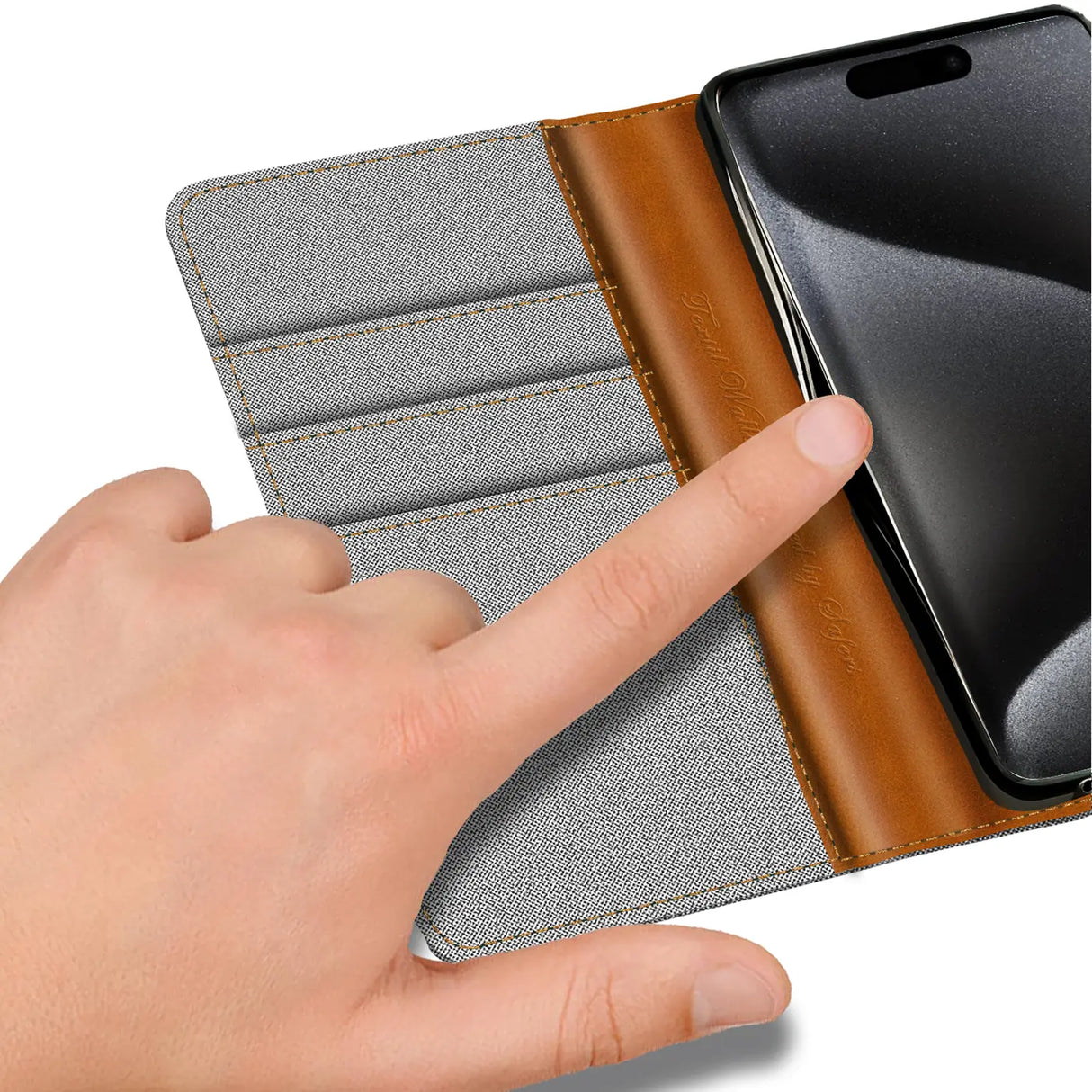 iPhone 16 Klapphülle im Jeanslook mit Karten- und Geldfach