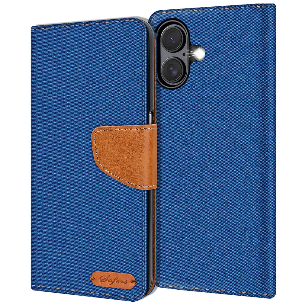 iPhone 16 Plus Klapphülle im Jeanslook mit Karten- und Geldfach