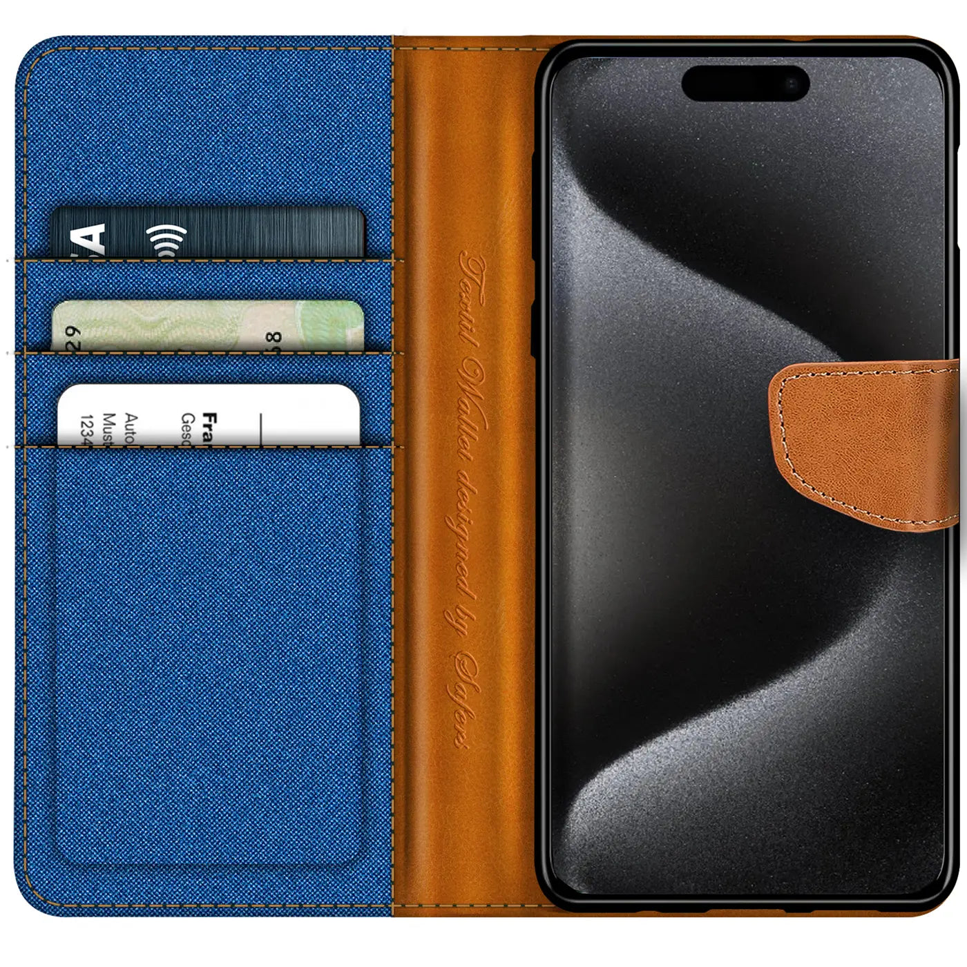 Blaue Textil-Klapphülle mit braunen Lederdetails, Kartenfächern, iPhone 16 Plus, Draufsicht.