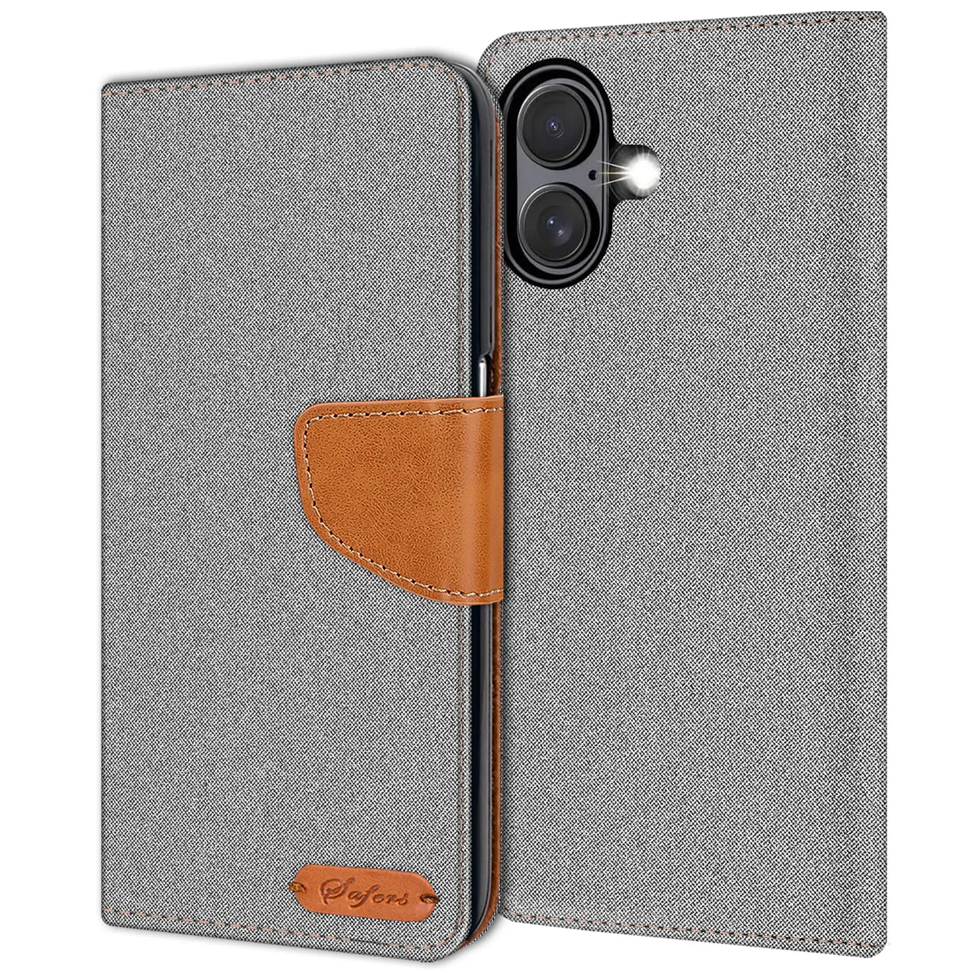 Graue Textil-Klapphülle mit braunem Lederdetail, offen, zeigt Kamera eines iPhones.