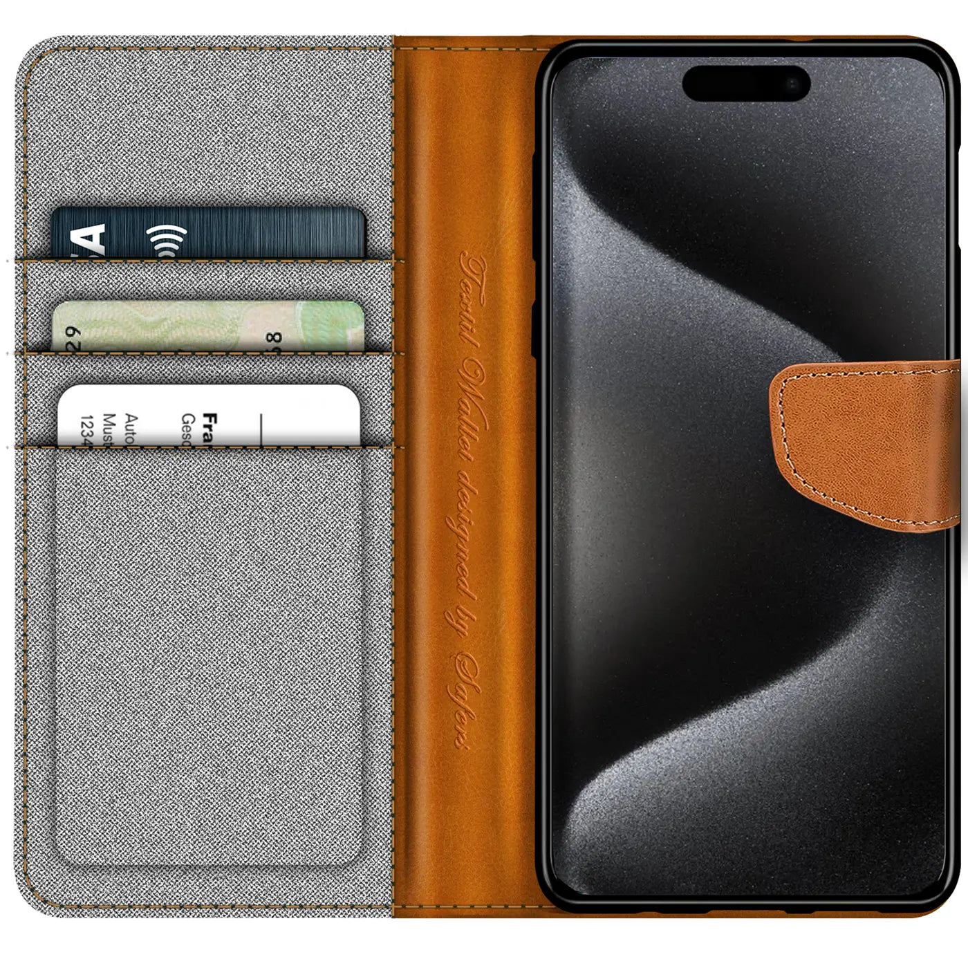 Graue Textil-Klapphülle mit braunen Lederakzenten, Kartenfächern und iPhone 16 Plus.