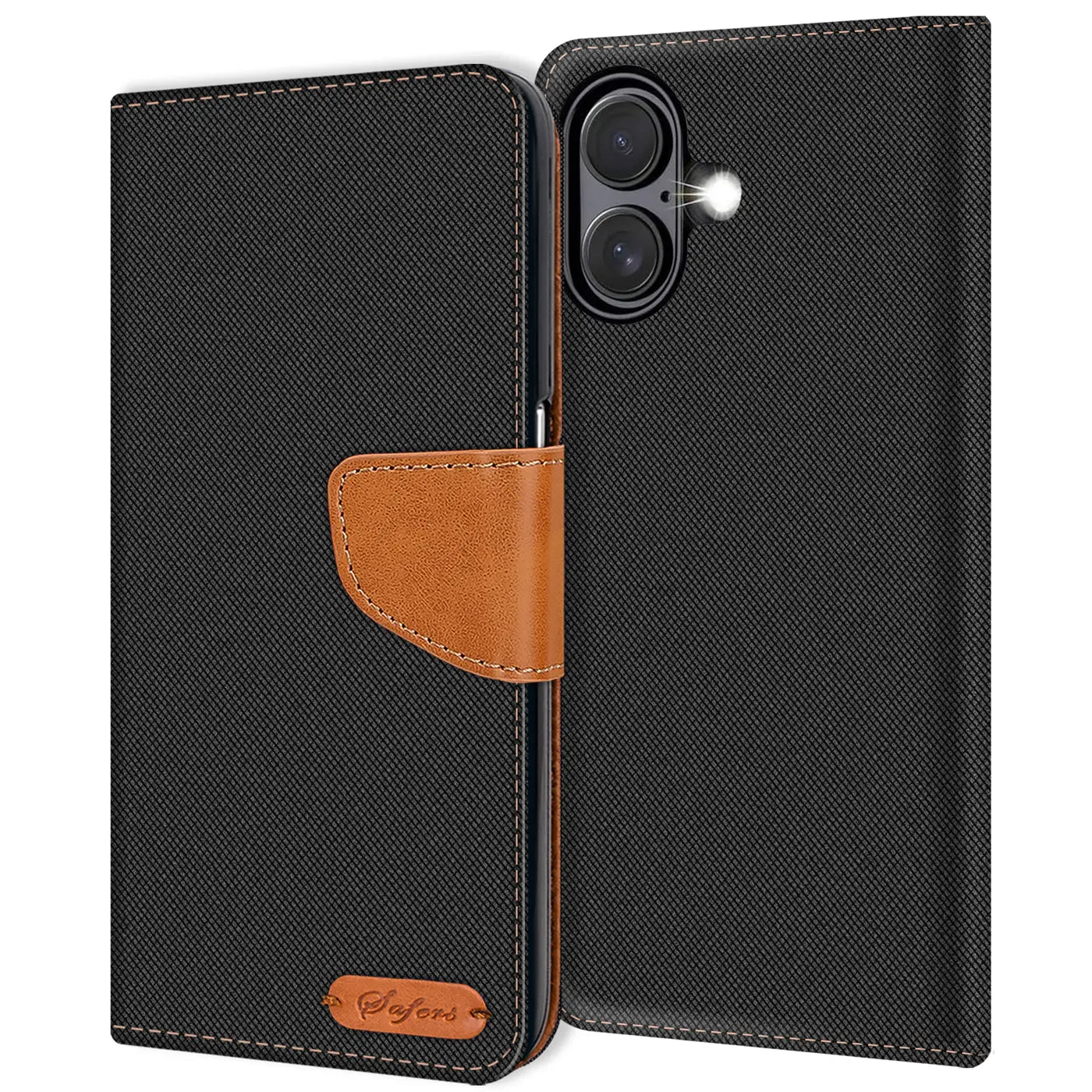 Schwarze Textil-Klapphülle mit braunem Lederakzent, von vorne, für ein Smartphone.