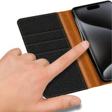 iPhone 16 Plus Klapphülle im Jeanslook mit Karten- und Geldfach