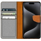 iPhone 16 Pro Klapphülle im Jeanslook mit Karten- und Geldfach