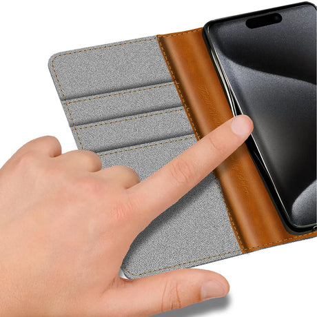 iPhone 16 Pro Max Klapphülle im Jeanslook mit Karten- und Geldfach