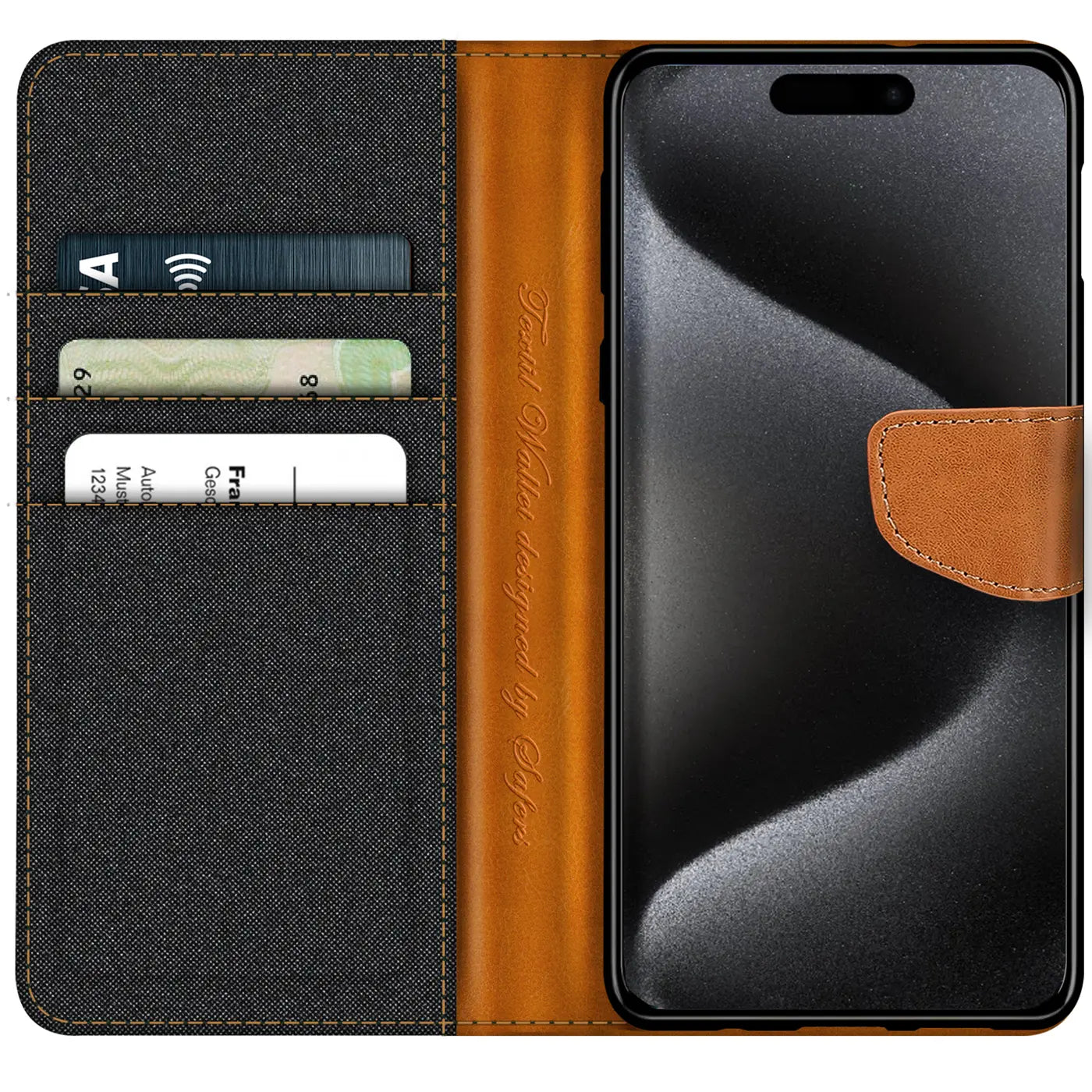 Textil Klapphülle in Schwarz/Braun mit Kartenfach, iPhone 16 Pro Max, von vorne