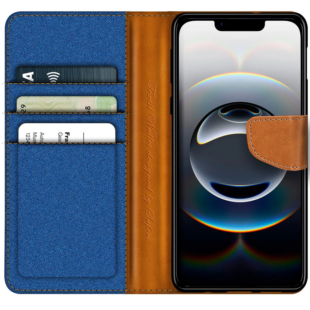 Apple iPhone 16e Klapphülle im Jeanslook mit Karten- und Geldfach