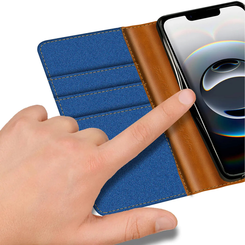 Apple iPhone 16e Klapphülle im Jeanslook mit Karten- und Geldfach