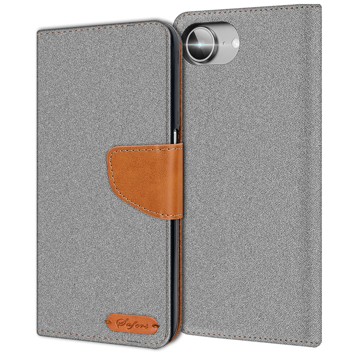 Graue Textil-Klapphülle mit braunem Lederdetail, von vorne, für iPhone 16e.
