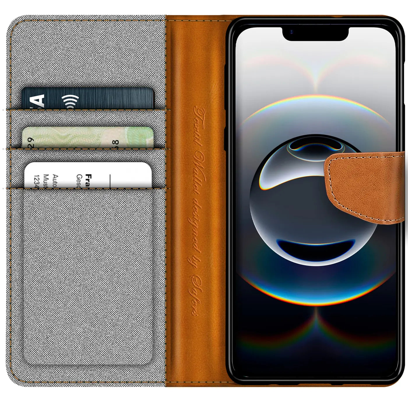 Graue Textil-Klapphülle mit braunem Leder-Kartenfach, zeigt iPhone 16e.